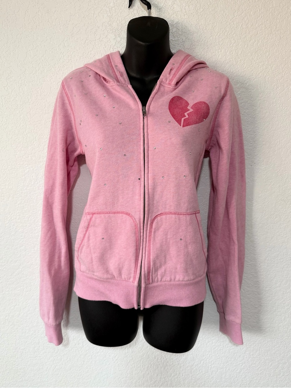 Y2K VS Baby Pink Rhinestone Heart Zip Up Sweater